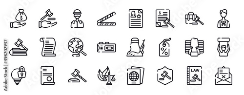 law and justice thin line icons collection. law and justice editable outline icons set. employment, advocate, employment law, scroll with diploy, recorder stock vector.