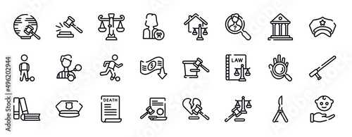 law and justice thin line icons collection. law and justice editable outline icons set. court, police hat, convict, criminal, escape, bankruptcy stock vector.
