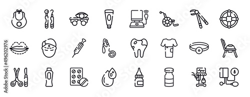 medicine thin line icons collection. medicine editable outline icons set. forcep, life saver, sil, forehead, syringe needle, oxygen mask stock vector.