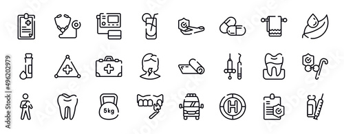 medicine thin line icons collection. medicine editable outline icons set. cloth towel, leaf and drop, test tube and drop, warning triangular, medicine kit with first aid, sore throat stock vector.