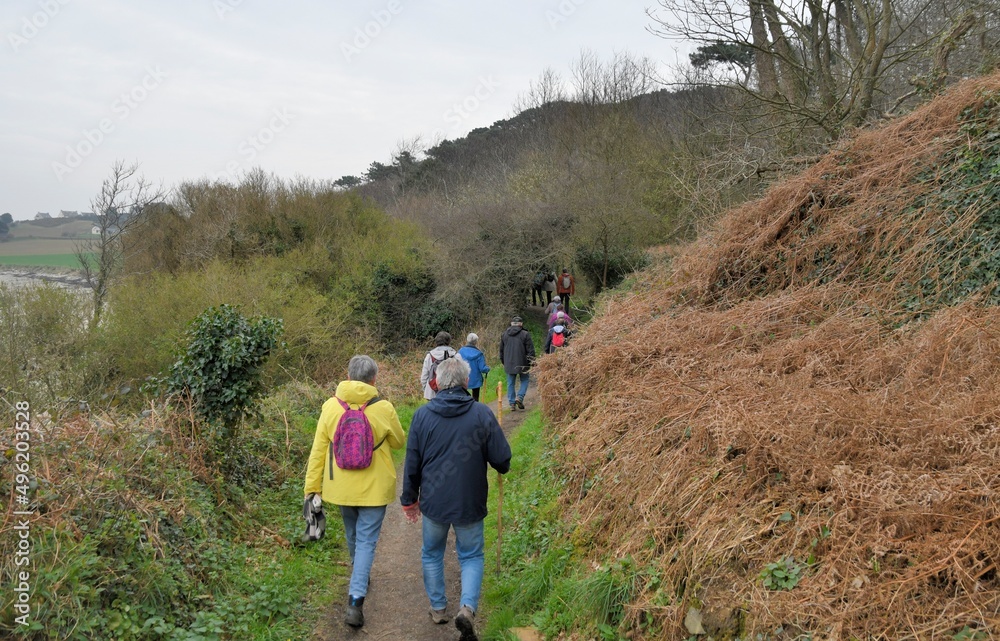 Group of senior hikers walking on a path in Brittany. France