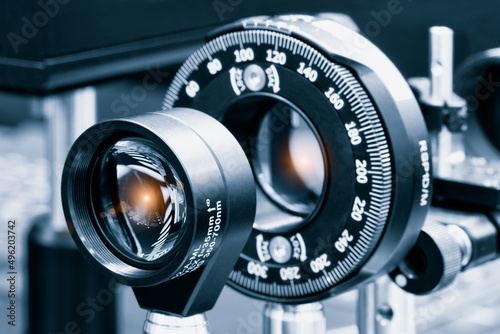 Experiment in photonic laboratory with laser photo
