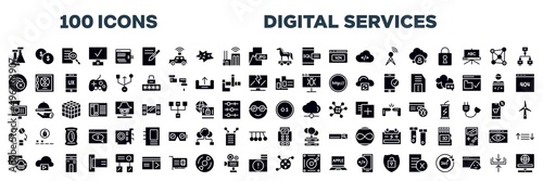 set of digital services icons in filled style. editable glyph icons collection. flasks, investing, investigation, deployment, code injection, text editor stock vector.