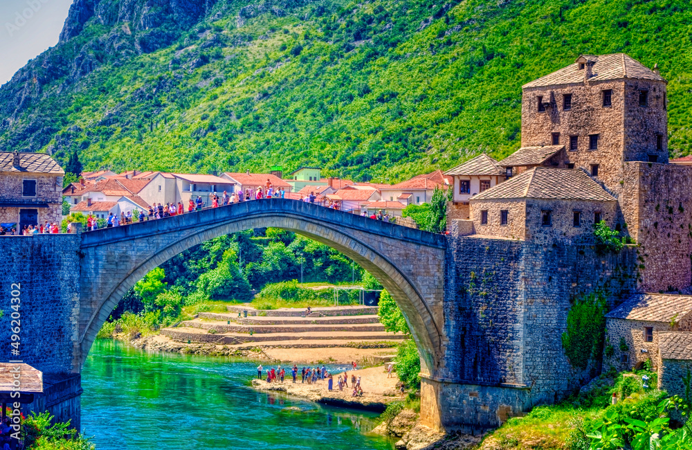  Aerial view over Old Bridge in Mostar, Bosnia and Herzegovina.
