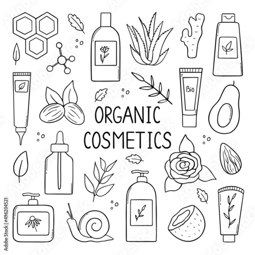 Hand drawn set of organic cosmetics doodle. Natural ingredients, herbs in sketch style. Natural products: cream, mask, shampoo and lotion. Vector illustration isolated on white background.