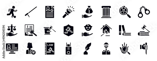 law and justice filled icons collection. editable vector glyph icons set. investigation, criminal law, justice scales in hand, tax law, court trial, defense illustration.