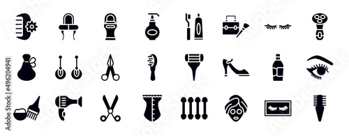 beautiful filled icons collection. editable vector glyph icons set. two eyelashes, electric shaver for women, french perfume, two earrings, manicure scissors, inclined hairbrush illustration.