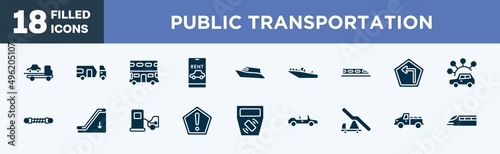 set of public transportation icons in filled style. public transportation editable glyph icons collection. tow, touristic, double decker, rent a car, speed boat vector.