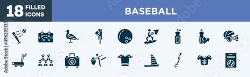 set of baseball icons in filled style. baseball editable glyph icons collection. battered ball, tactic, seagulls, crocket, bowling ball vector.