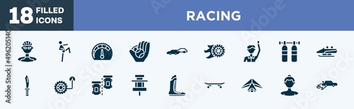 set of racing icons in filled style. racing editable glyph icons collection. cyclist, ritual, mph, baseball ball, chase vector.