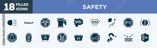 set of safety icons in filled style. safety editable glyph icons collection. high beam, native american canoe, biological hazard, fuel filling, carbon monoxide vector.