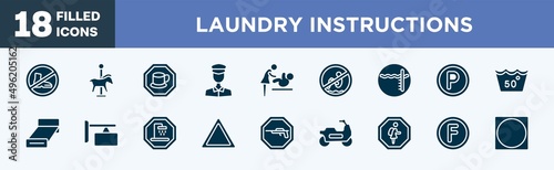 set of laundry instructions icons in filled style. laundry instructions editable glyph icons collection. no shoes, carousel horse, cafe bar, policeman figure, babysitter and child vector.