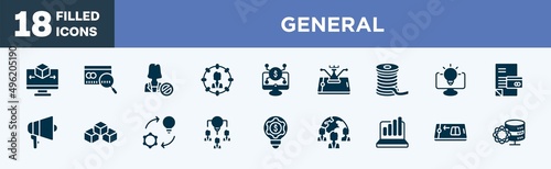 set of general icons in filled style. general editable glyph icons collection. 3d modeling, credit score, impeachment, direct marketing, digital economy vector.