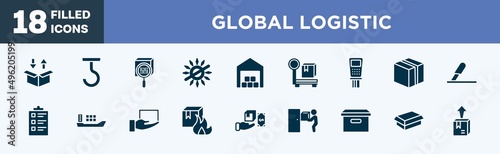 set of global logistic icons in filled style. global logistic editable glyph icons collection. delivery packaging box, use hooks, scan package, no sunlight, distribution center vector.