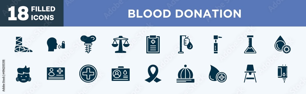 Fototapeta premium set of blood donation icons in filled style. blood donation editable glyph icons collection. cast, asthma, dental implant, weigh scale, medical prescription vector.