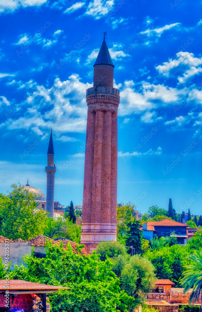 Old mosque minaret in Old town of Antalya, Turkey.