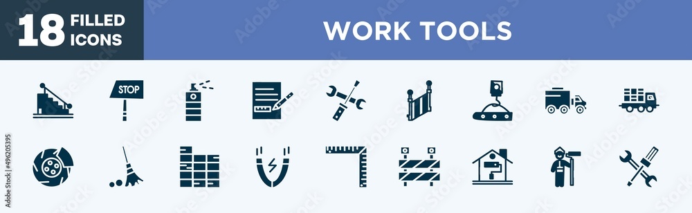 set of work tools icons in filled style. work tools editable glyph icons collection. stairs with handle, stop hand drawn, paint spray can, measures plan, screwdriver and doble wrench vector.