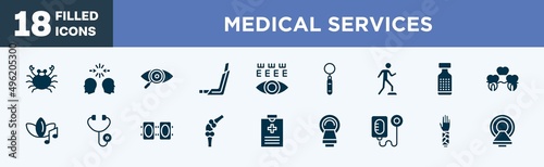 set of medical services icons in filled style. medical services editable glyph icons collection. seafood, conflict, eye exam, inhalator, eye test vector.