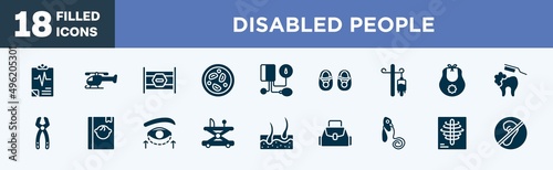 set of disabled people icons in filled style. disabled people editable glyph icons collection. medical results, chopper, road block, microscopic, tonometer vector.