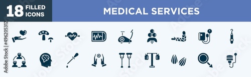 set of medical services icons in filled style. medical services editable glyph icons collection. medical care, fungi, cardiology, ekg monitor, stationary bike vector.