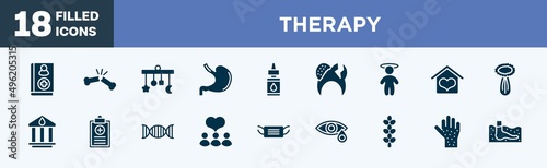 set of therapy icons in filled style. therapy editable glyph icons collection. handbook, broken bone, crib mobile, stoh, essential oils vector.