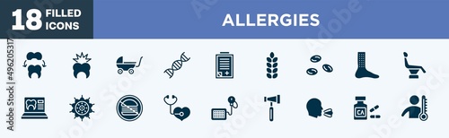 set of allergies icons in filled style. allergies editable glyph icons collection. dental crown, toothache, buggy, adn, admision form vector.