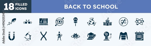 set of back to school icons in filled style. back to school editable glyph icons collection. sperm, collision, , gyroscope, ph vector.