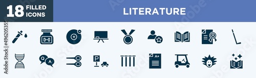 set of literature icons in filled style. literature editable glyph icons collection. blood test, supplement, electron, chalkboard, medals vector.