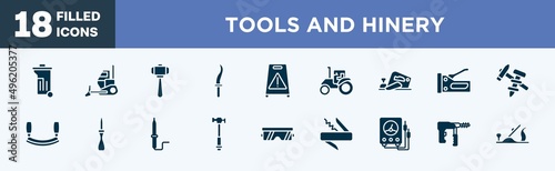 set of tools and hinery icons in filled style. tools and hinery editable glyph icons collection. dumpster, bulldozing, big hammer, kirpan, wet floor vector.
