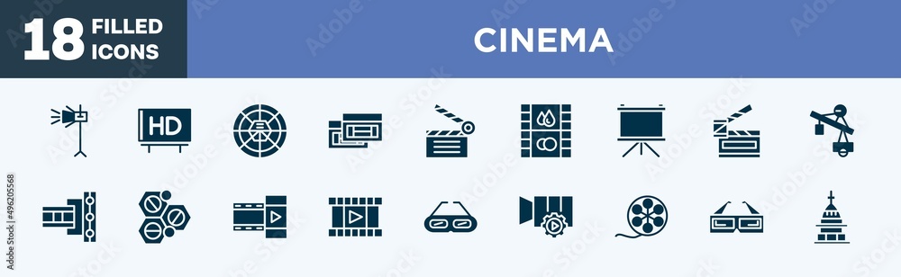 set of cinema icons in filled style. cinema editable glyph icons collection. movie light, hd, round carpet, inclined videocaste, movie clapper vector.