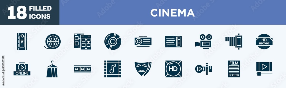 set of cinema icons in filled style. cinema editable glyph icons collection. video clip, movie reel, storyboard, dvd, slide projector vector.