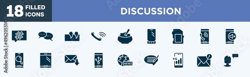 set of discussion icons in filled style. discussion editable glyph icons collection. hash, chat bubbles with ellipsis, punctuation mark, auricular of phone, porridge vector.