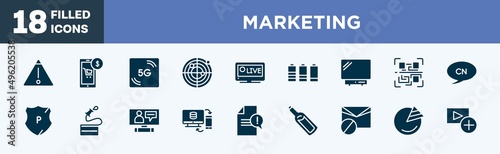 set of marketing icons in filled style. marketing editable glyph icons collection. warning, mobile store, 5g, radar, live sports vector.