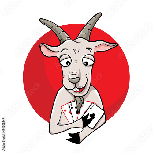Goat Playing Cards. Logo and funny mascot for poker club, casino, gambling business, video or card game industry