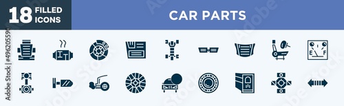 set of car parts icons in filled style. car parts editable glyph icons collection. car bucket seat, catalytic converter, brake, glove compartment, chassis vector.