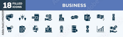 set of business icons in filled style. business editable glyph icons collection. devaluation, difference, mobile payment, stack, department vector.