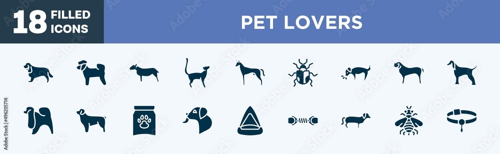 set of pet lovers icons in filled style. pet lovers editable glyph icons collection. english cocker spaniel, bichon, bullterrier, bengal cat, pharaoh hound vector.