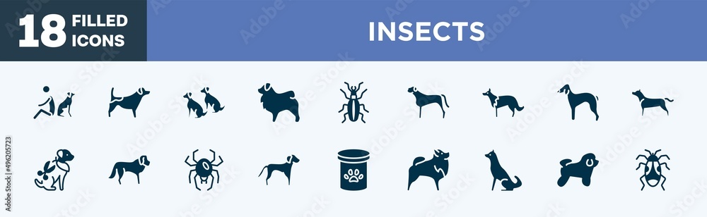 set of insects icons in filled style. insects editable glyph icons collection. dog and man seating, jack russel terrier, dogs, tibetan mastiff, golden ground beetle vector.