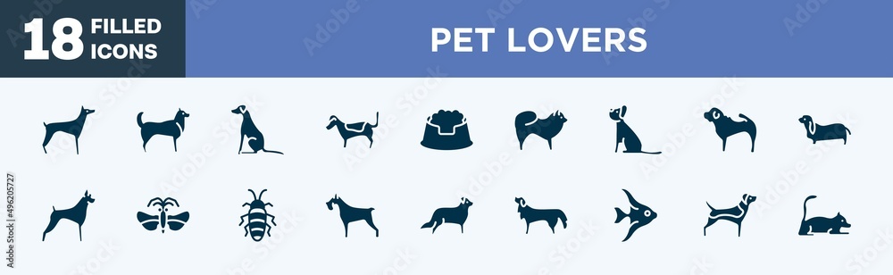 Obraz premium set of pet lovers icons in filled style. pet lovers editable glyph icons collection. doberman, husky, pointer dog, jack russell terrier, pet dish vector.
