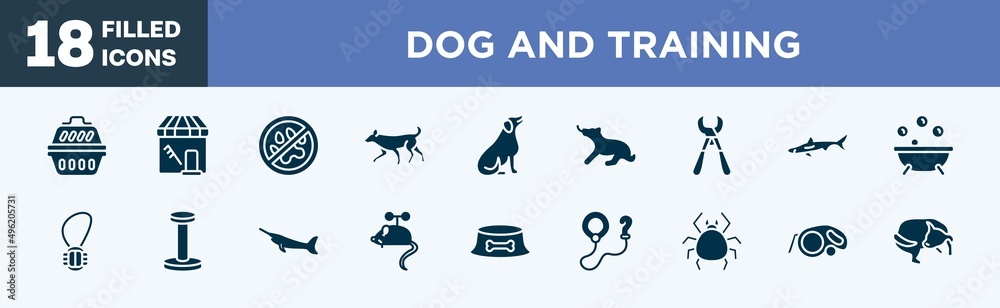 set of dog and training icons in filled style. dog and training editable glyph icons collection. portable kennel, pet grooming, no animals, dog running, seating vector.