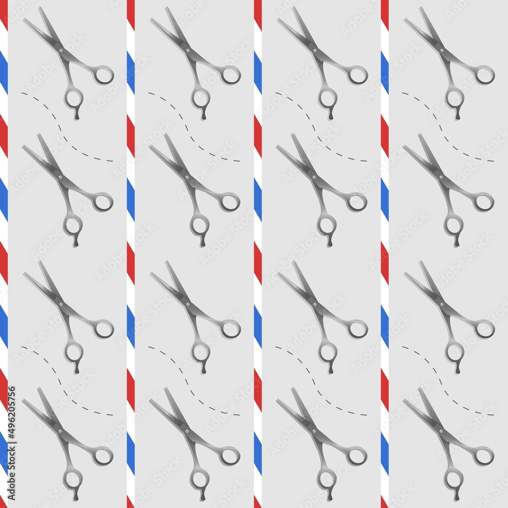 Fototapeta premium Classic barber pattern, barbershop scissors background template, vintage haircut flag pole vector illustration design