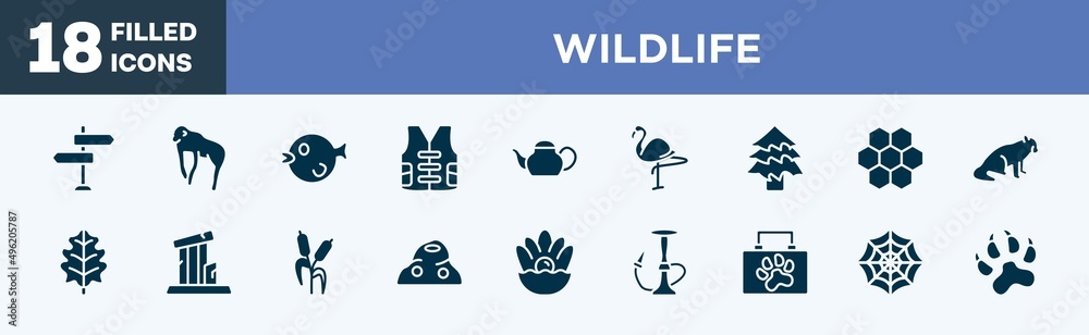 set of wildlife icons in filled style. wildlife editable glyph icons collection. direction, chimpanzee, puffer fish, vest, teapot vector.