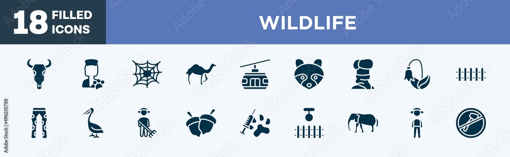 set of wildlife icons in filled style. wildlife editable glyph icons collection. bull skull, veterinarian, cobweb, dromedary, cable car vector.
