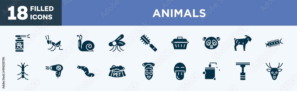 set of animals icons in filled style. animals editable glyph icons collection. anti flea, grasshopper, snail, mosquito, pet brush vector. set of animals icons in filled style. animals editable glyph icons collection. anti flea, grasshopper, snail, mosquito, pet brush vector.