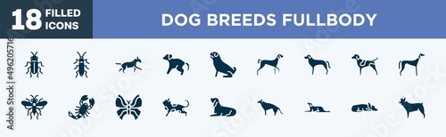 set of dog breeds fullbody icons in filled style. dog breeds fullbody editable glyph icons collection. red soldier beetle, wharf borer, bulterrier, scold the dog, pug vector.