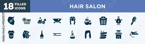 set of hair salon icons in filled style. hair salon editable glyph icons collection. short male hair shape, cold water, shaving foam, , long female tincture vector.