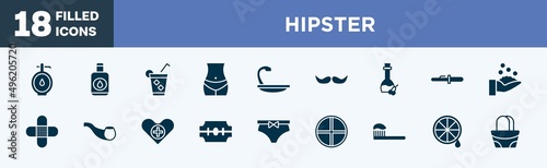 set of hipster icons in filled style. hipster editable glyph icons collection. doser, nail polish remover, ice tea, bellybutton, hair wash sink vector.