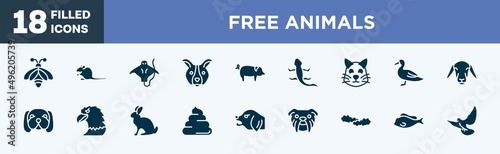 set of free animals icons in filled style. free animals editable glyph icons collection. big bee, sitting mouse, stingray with long tail, dog face, pig with round tail vector.