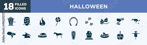 set of halloween icons in filled style. halloween editable glyph icons collection. birds home, frankenstein, fire flame, four leaf clover, horseshoe tool vector.