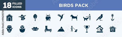 set of birds pack icons in filled style. birds pack editable glyph icons collection. dog and pets house, ghost, plain tree, cauldron, hummingbird vector.